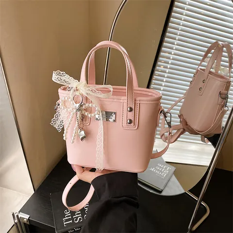 Women Fashion PU Leather Bucket Bag with Lace Bowknot Pearl Heart Pendant Sweet Handbag Single Shoulder Crossbody Bag