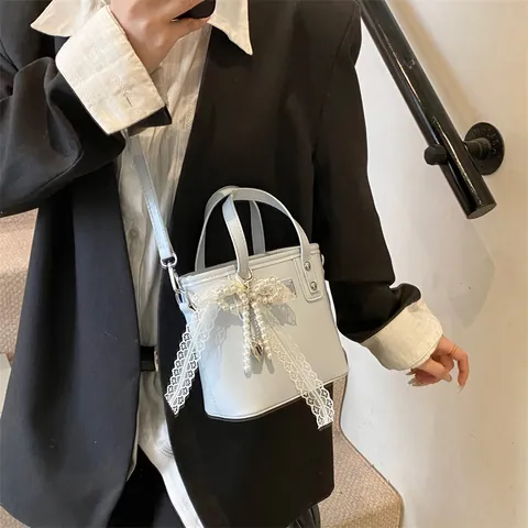 Women Fashion PU Leather Bucket Bag with Lace Bowknot Pearl Heart Pendant Sweet Handbag Single Shoulder Crossbody Bag