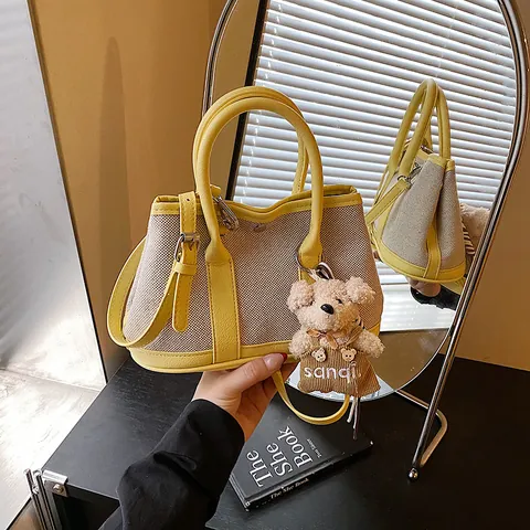 Bolso Tote de Lona y Cuero PU de Color de Contraste para Mujer Moda Bolso de Mano Con Oso de Peluche Bolso de Bandolera de Gran Capacidad
