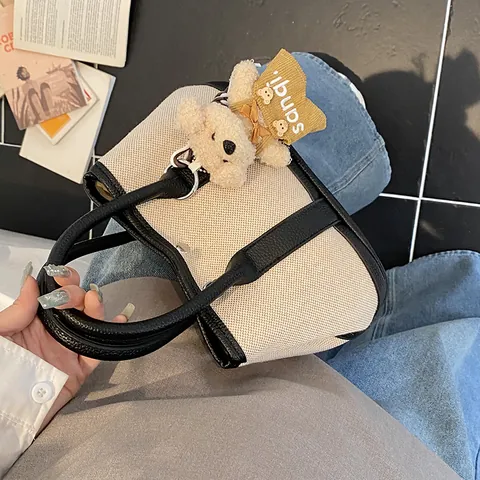 Bolso Tote de Lona y Cuero PU de Color de Contraste para Mujer Moda Bolso de Mano Con Oso de Peluche Bolso de Bandolera de Gran Capacidad