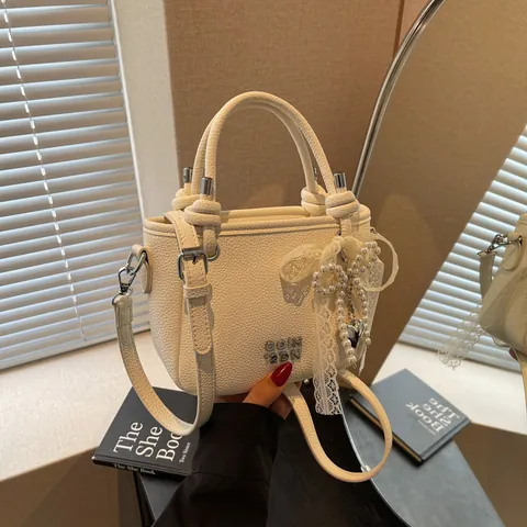Women Fashion PU Leather Bucket Bag Sweet Pearl Lace Bowknot Decor Handbag Small Shoulder Crossbody Tote Bag With Removable Strap