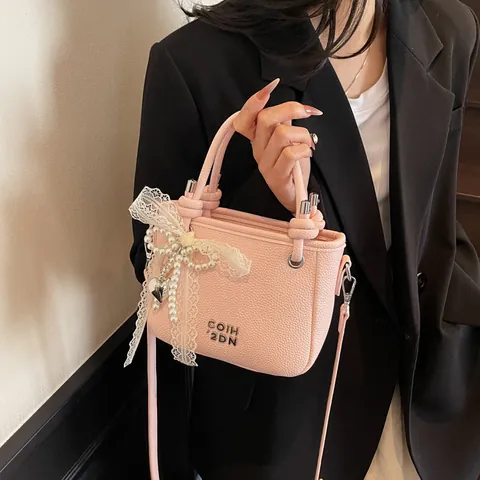 Women Fashion PU Leather Bucket Bag Sweet Pearl Lace Bowknot Decor Handbag Small Shoulder Crossbody Tote Bag With Removable Strap