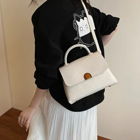 Elegant Litchi Texture PU Leather Handbag For Women Gold Buckle Commuter Office Top Handle Crossbody Shoulder Bag