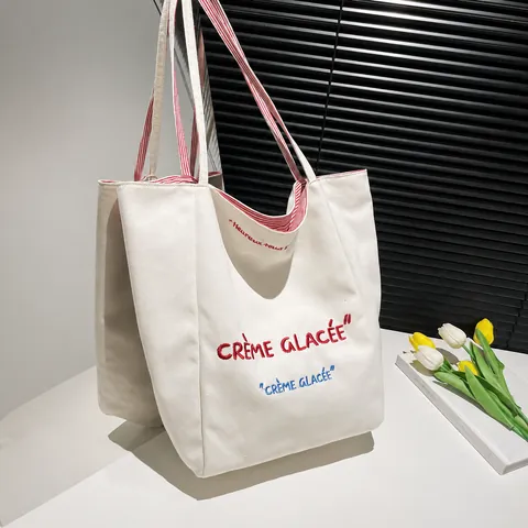 Large Capacity Reversible Canvas Tote Bag Striped French Embroidery Shoulder Bag Casual Shopper For Women Commuting Shopping