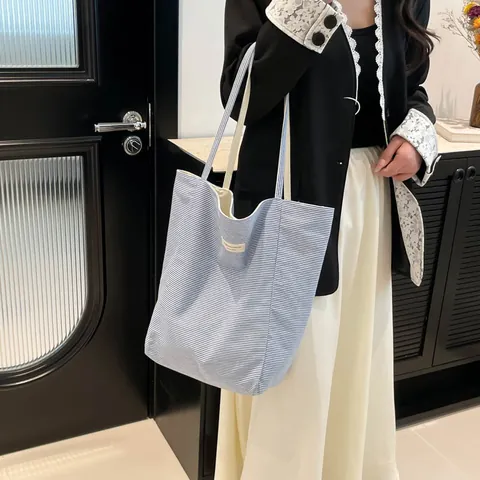 Μεγάλης Χωρητικότητας Αναστρέψιμη Τσάντα Tote από Καμβά Ριγέ Γαλλικό Κέντημα Τσάντα Ώμου Casual Shopper για Γυναίκες