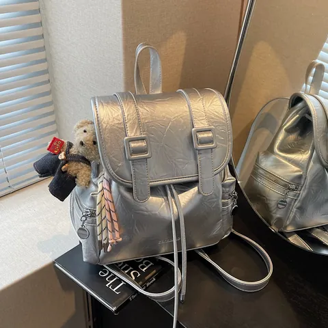 Women's Retro PU Leather Fashion Backpack Large Capacity Wrinkled Texture Drawstring Travel Bag For Daily Commute School