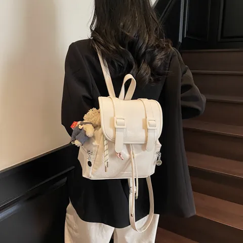 Women's Retro PU Leather Fashion Backpack Large Capacity Wrinkled Texture Drawstring Travel Bag For Daily Commute School