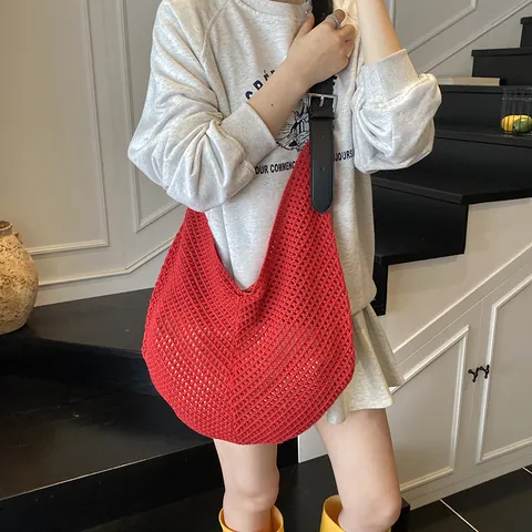 Women's Summer Hollow Out Crochet Knit Tote Bag Large Capacity Minimalist Hobo Shoulder Bag With Adjustable Leather Strap