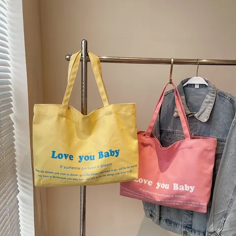 Women Casual Canvas Tote Bag Large Capacity Letter Print Shopper Handbag Love You Baby Quote Daily Travel Shoulder Bag