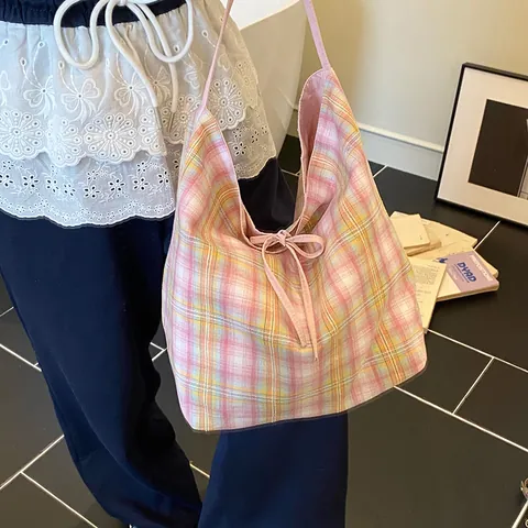 Women Large Capacity Canvas Tote Bag Reversible Checkered Letter Print Shoulder Bag Retro Casual Handbag For Daily School