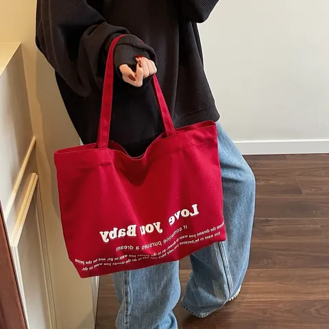 Women Casual Canvas Tote Bag Large Capacity Letter Print Shopper Handbag Love You Baby Quote Daily Travel Shoulder Bag