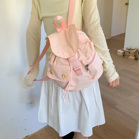 Women Fashion Nylon Backpack Casual Small School Bag With Drawstring Flap For Students Teenagers Travel Daily Light Backpack