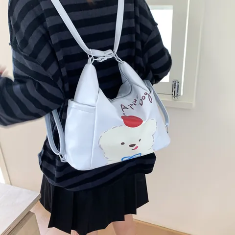 Dames Leuke Cartoon Dier Hond Print PU Leer Tote Bag Grote Capaciteit Multifunctionele Schouder Rugzak Handtas Voor Dagelijks School Student Woon-werkverkeer