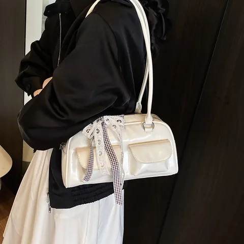 Dames Retro PU Leren Schoudertas Effen Kleur Boston Tas Met Satijnen Strik Vintage Onderarm Handtas Voor Dagelijks Feest