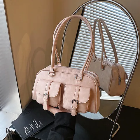 Women Vintage PU Leather Underarm Bag Large Capacity Shoulder Bag With Double Front Pockets And Silver Pin Buckles Y2K