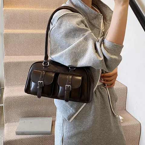 Women Vintage PU Leather Underarm Bag Large Capacity Shoulder Bag With Double Front Pockets And Silver Pin Buckles Y2K