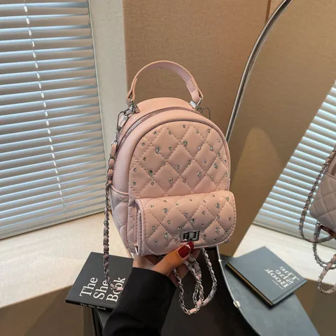 Mini Zaino Trapuntato con Strass da Donna in Pelle PU con Catena in Metallo Borsa a Tracolla Moda Stile Coreano