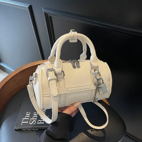 Fashion Women Litchi Grain PU Leather Bowling Bag Minimalist Boston Handbag With Padlock Charm Detachable Crossbody Strap