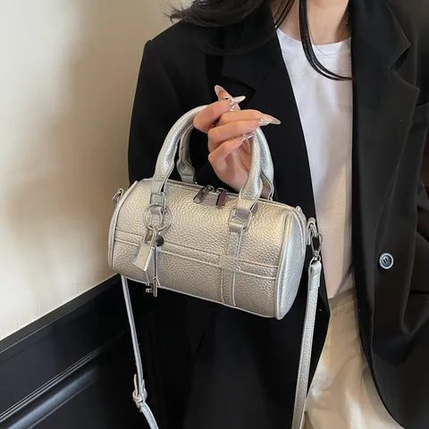 Fashion Women Litchi Grain PU Leather Bowling Bag Minimalist Boston Handbag With Padlock Charm Detachable Crossbody Strap