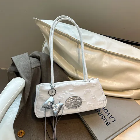 Women Aesthetic Jacquard Nylon Underarm Bag With Silver Bow Pendant Solid Color Fashion Shoulder Bag Daily Commuter Purse