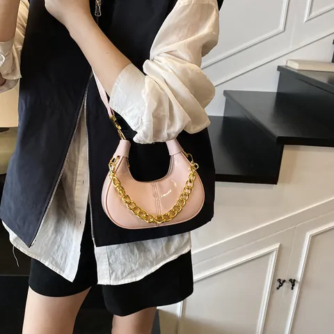 Mini Patent Leather Hobo Bag Women Glossy Crescent Handbag With Gold Chain Decoration Crossbody Shoulder Bag