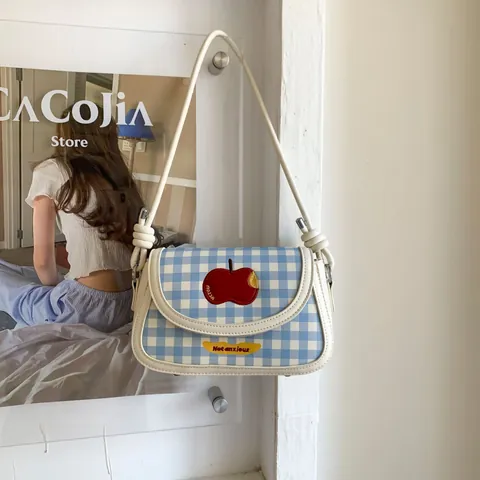 Korean Style Gingham PU Leather Small Square Crossbody Bag With Apple Embroidery And Not Anxious Letter Patch Shoulder Bag For Women