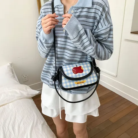 Korean Style Gingham PU Leather Small Square Crossbody Bag With Apple Embroidery And Not Anxious Letter Patch Shoulder Bag For Women