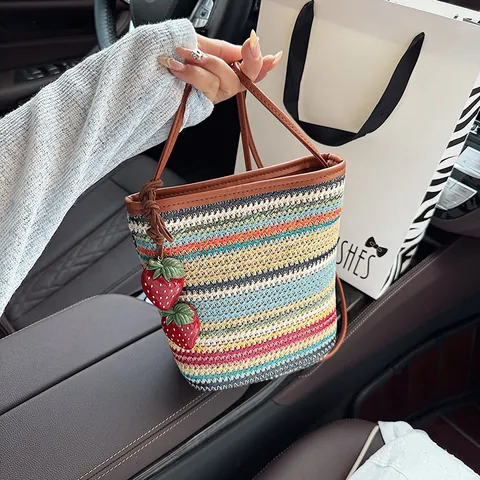 Colorful Stripe Straw Woven Bucket Bag For Women Summer Beach Vacation Shoulder Bag Strawberry Pendants Brown Leather