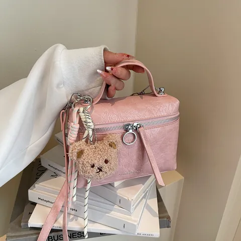Women Crinkled PU Leather Small Handbag Boxy Crossbody Bag With Bear Charm Ring Zipper Shoulder Bag Daily Fashion Accessory