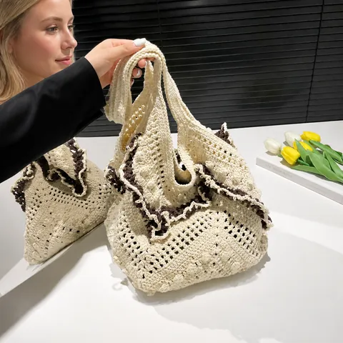 Handmade Crochet Woven Straw Tote Bag For Women Large Capacity Hollow Out Ruffle Shoulder Bag With Tulip Flower Pendant