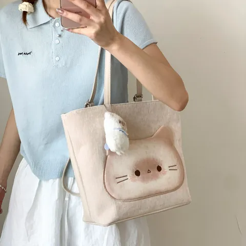 Women Large Capacity PU Leather Tote Bag Cute Cartoon Cat Face Shoulder Bag Casual Daily Handbag Multi-Functional Travel