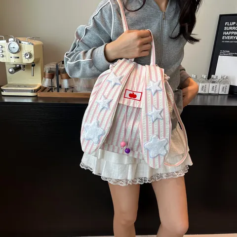 Cute Rabbit Ear Stripe Backpack For Women Teen Girls Large Capacity Cotton Canvas Daypack With Stars Decor School Travel Bag