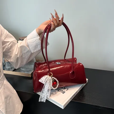 Women's Vintage PU Leather Underarm Bag Trendy Shoulder Bag With Cherry Artificial Pearl Lace Bow Pendant Commuting Handbag