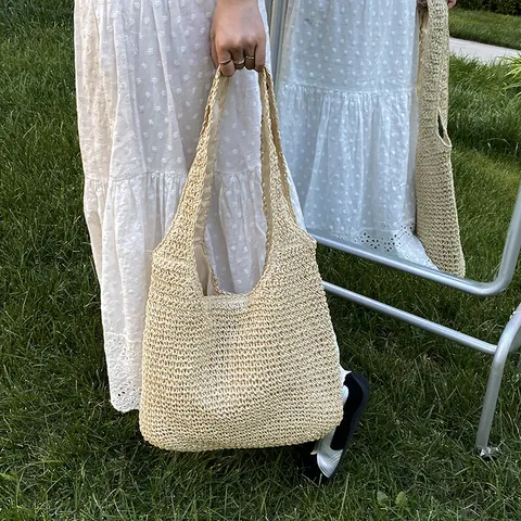 Dames Handgeweven Stro Tote Bag Grote Capaciteit Casual Zomer Strand Schoudertas Vakantie Forest Style Hobo Shopper Tas