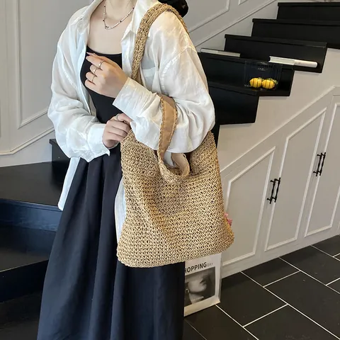 Dames Handgeweven Stro Tote Bag Grote Capaciteit Casual Zomer Strand Schoudertas Vakantie Forest Style Hobo Shopper Tas