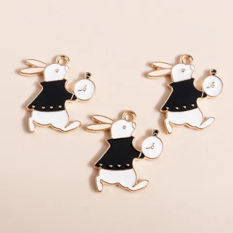 Cartoon Rabbit Clock Enamel Charms Zinc Alloy Animal Drip Oil Pendants For DIY Jewelry Making Keychain Necklace Accessories
