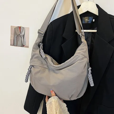 Women Nylon Half Moon Crossbody Bag Casual Lightweight Shoulder Bag With Braided Zipper Puller For Travel Daily Fashion