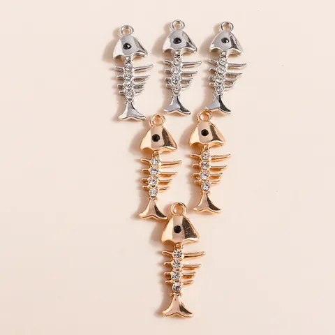 Unique Zinc Alloy Rhinestone Fishbone Pendants For DIY Jewelry Making Gold Silver Metal Fish Bone Charms Craft Accessories