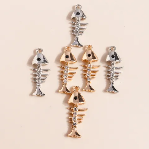 Unique Zinc Alloy Rhinestone Fishbone Pendants For DIY Jewelry Making Gold Silver Metal Fish Bone Charms Craft Accessories