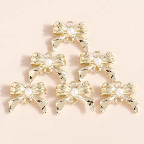 Zinc Alloy Rhinestone Faux Artificial Pearl Bow Knot Pendants For DIY Jewelry Making Gold Plated Bowknot Charms Connectors For Necklace Bracelet Handcraft Supplies