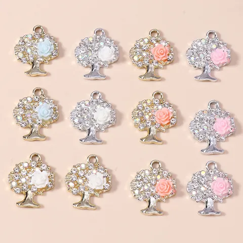 Zinc Alloy Tree Of Life Rose Flower Charms Sparkling Rhinestone Pendants For Jewelry Making DIY Necklaces Bracelets Earrings Women Accessory