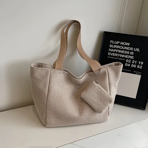 Large Capacity Woven Fabric Tote Bag For Women With Matching Small Pouch Retro Houndstooth Plaid Casual Shoulder Bag For Commuting School