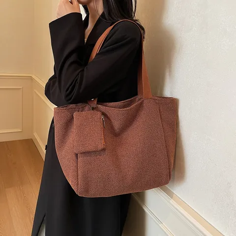Large Capacity Woven Fabric Tote Bag For Women With Matching Small Pouch Retro Houndstooth Plaid Casual Shoulder Bag For Commuting School