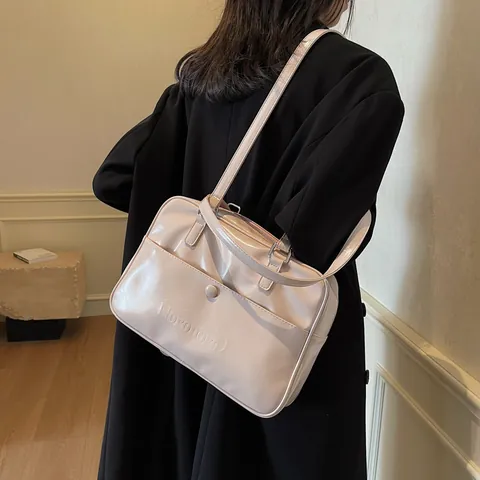 Bolso de Hombro de Cuero PU Brillante Retro para Mujer Gran Capacidad Color Sólido Bolso de Axila Bolso de Mano Tote de Moda