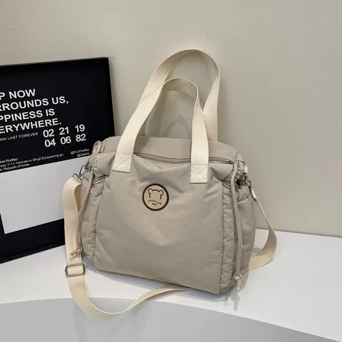 Women Fashion Nylon Tote Bag Large Capacity Casual Shoulder Bag With Bear Patch Drawstring Crossbody Handbag For Work Travel