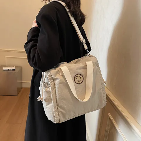 Women Fashion Nylon Tote Bag Large Capacity Casual Shoulder Bag With Bear Patch Drawstring Crossbody Handbag For Work Travel