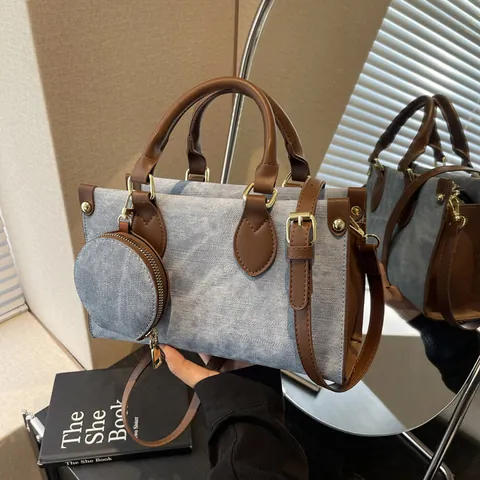 Women Contrast Color PU Leather Tote Bag French Style Commuter Handbag With Mini Round Pouch Golden Hardware Shoulder Bag