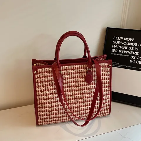Borsa Tote Vintage Rossa con Motivo a Pied de Poule Cuore e Fiori Grande Capacità Donna in Tessuto Pelle PU Borsa a Spalla per Matrimonio Ufficio
