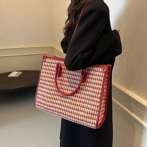Borsa Tote Vintage Rossa con Motivo a Pied de Poule Cuore e Fiori Grande Capacità Donna in Tessuto Pelle PU Borsa a Spalla per Matrimonio Ufficio