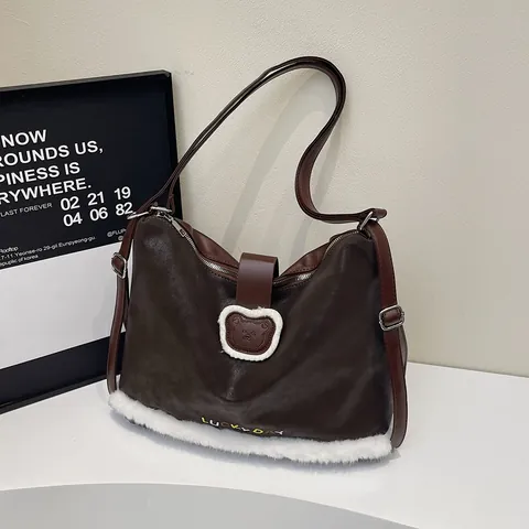 Women Retro Winter Faux Fur Trim Tote Bag Large Capacity PU Leather Shoulder Bag With Bear Patch Lucky Day Embroidery Casual Handbag